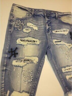 Smoke Rise Blue Destroyed Fashion Denim‎ Shorts Mens 44 Paint Splatter